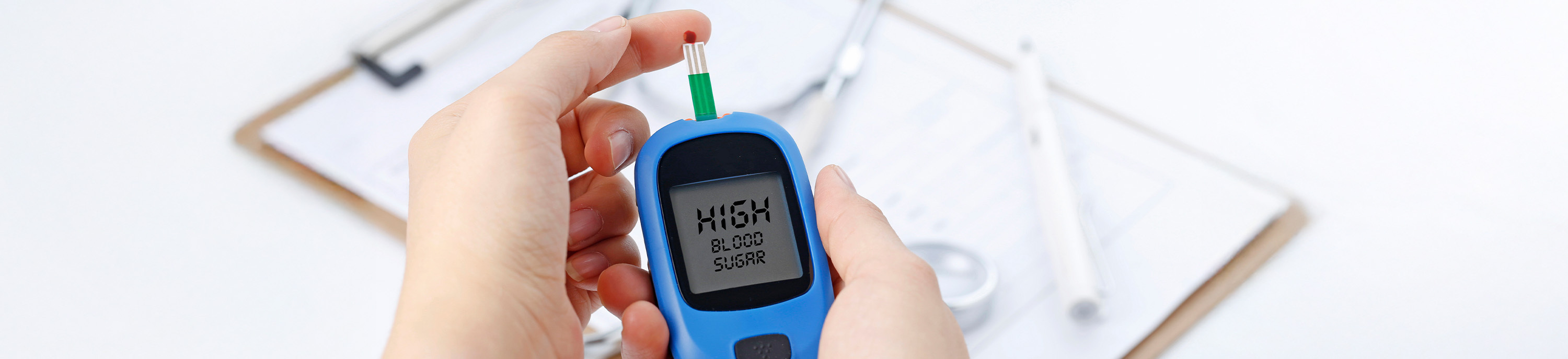 Glucose meter showing high blood sugar